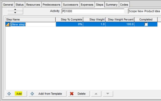 Use highlighted line to customize steps in Primavera P6