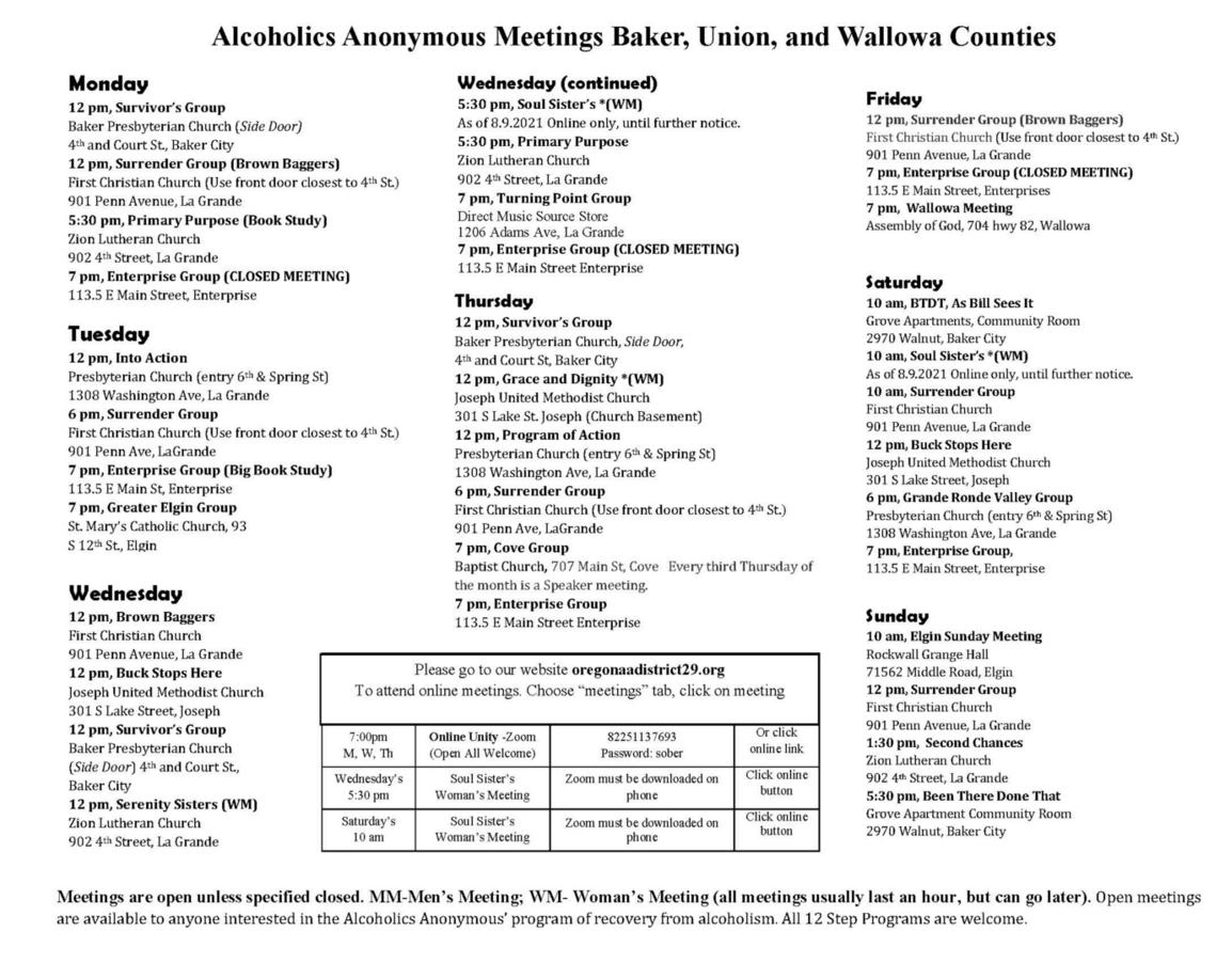 aa meeting schedule la grande oregon