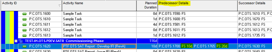 Primavera P6 predecessor details