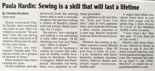 Paula Hardin: Sewing is a skill that will last a lifetime Newspaper article