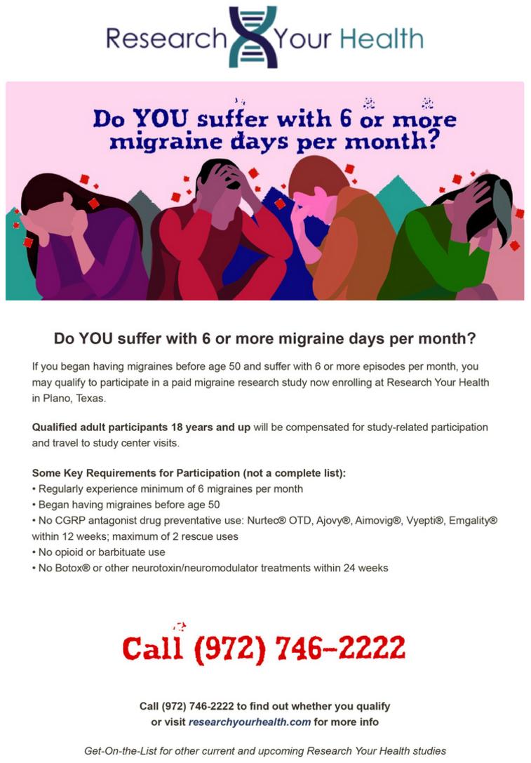Do YOU suffer with 6 or more migraine days per month? If you began having migraines before age 50 and suffer with 6 or more episodes per month, you may qualify to participate in a paid migraine research study now enrolling at Research Your Health in Plano, Texas. Qualified adult participants 18 years and up will be compensated for study-related participation and travel to study center visits. Some Key Requirements for Participation (not a complete list): Regularly experience minimum of 6 migraines per month, Began having migraines before age 50, No CGRP agonist drug preventitive use: Nurtec(R) OTD, Ajovy(R), Aimovig(R), Vyepti(R), Emgality(R) within 12 weeks, maximum of 2 rescue uses, No opioid or barbituate use, No Botox(R) or other neurotoxin/neuromodulator treatments within 24 weeks. Call (972) 746-2222 to find out whether you qualify or visit researchyourhealth.com for more info. Get-On-the-List for other current and upcoming Research Your Health studies.