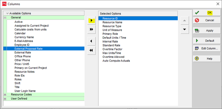 Use Primavera P6 columns dialog box and click OK