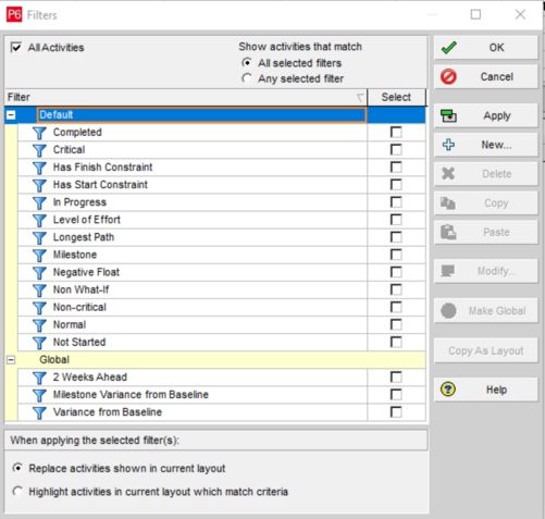 Select filters dialog box in Primavera P6