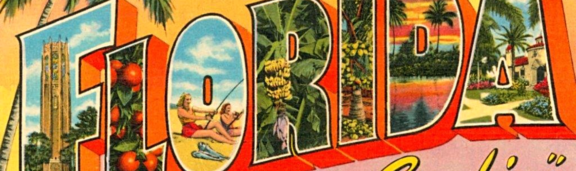 Picture of an old postcard with the word Florida and varying pictures in each letter