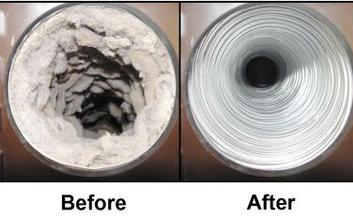 Before dryer vent cleaning and after dryer vent cleaning photos