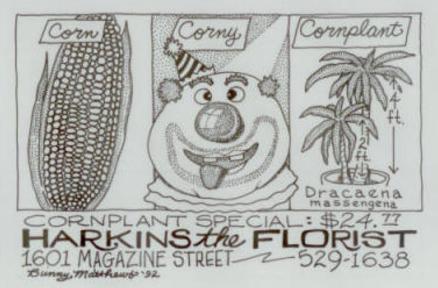 A hand-drawn cartoon of corn, a clown who is corny, and cornplants, a product at harkins that was on sale