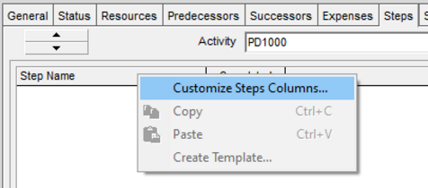 Customize steps columns in Primavera P6
