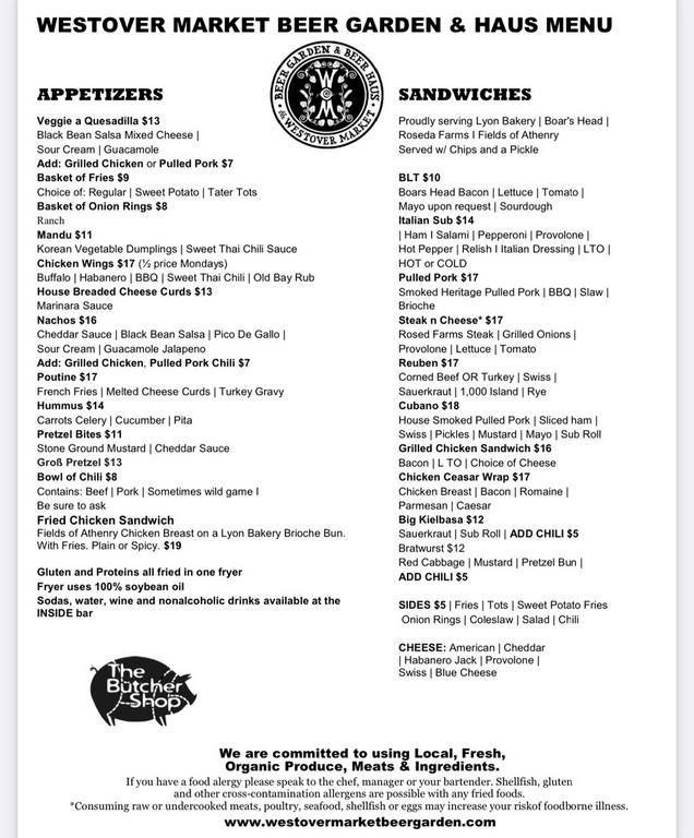 Westover Market & Beer Garden Menu