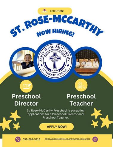 Preschool Job Flyer for St. Rose-McCarthy
