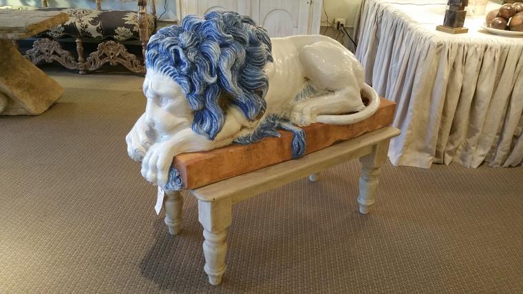 pair of italian blue and white glazed antique vintage Lions statues sculptures red clay Lion