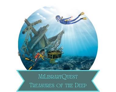 http://MiLibraryQuest logo with a shipwreck,divers, and text "MiLibraryQuest Treasures of the Deep"
