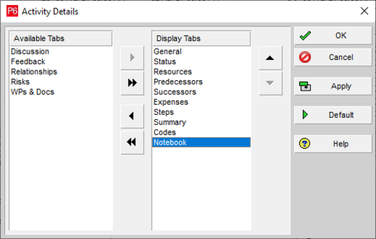 Primavera P6 activity details from available tabs window