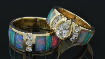 Australian opal wedding rings with white sapphires by Hileman