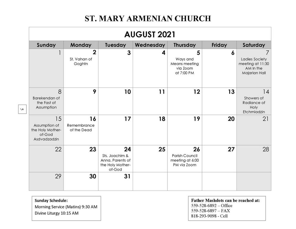 Monthly Calendar of St. Mary Armenian Church of Yettem, California