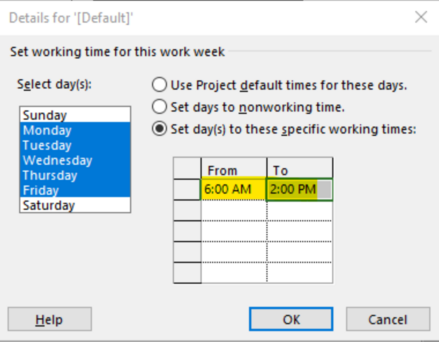 Set time and day to MS Project calendar