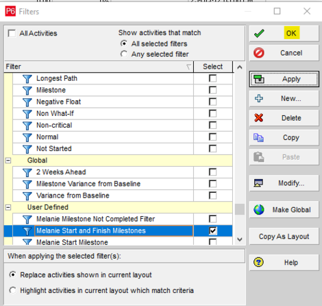 Replace activities shown in current layout and select OK in Primavera P6