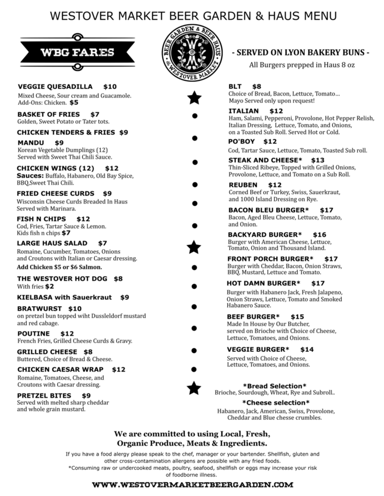 Westover Market &amp; Beer Garden Menu