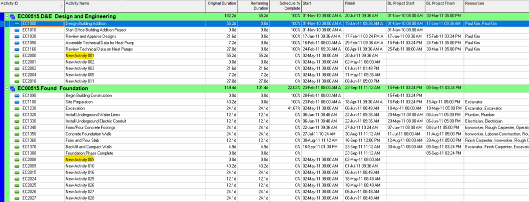 Import new activities from Excel spreadsheet into Primavera P6