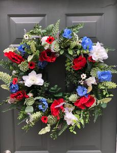 Patriotic Poppy Gardenia Succulent Red White Blue Grapevine Wreath