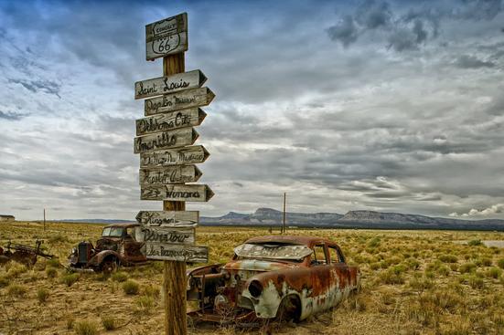 old road sign | antique cars | Arizona desert