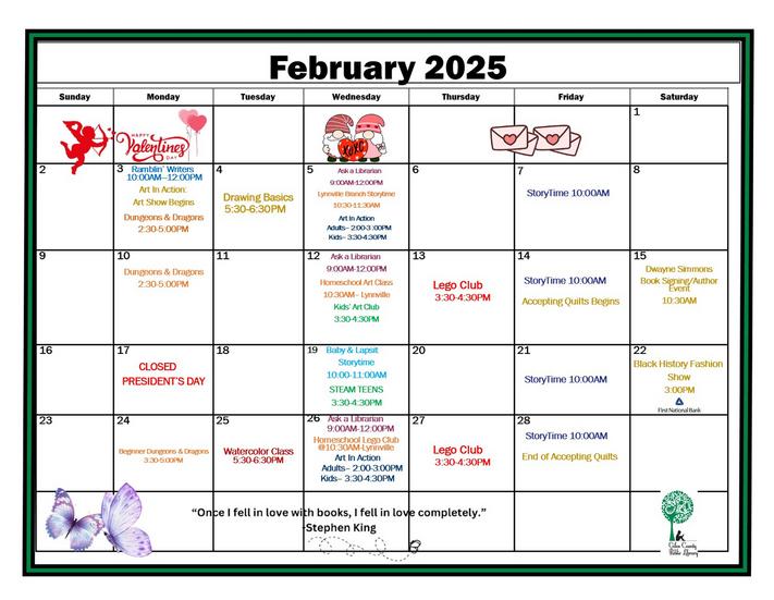 February Calendar of events