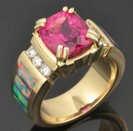 Australian opal ring with stunning rubellite tourmaline set in 14k gold by Hileman Opal Jewelry.