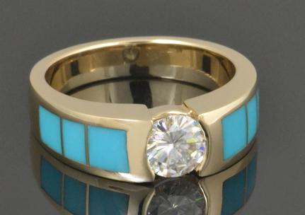 Moissanite and turquoise engagement ring in 14k yellow gold by Hileman Silver Jewelry.