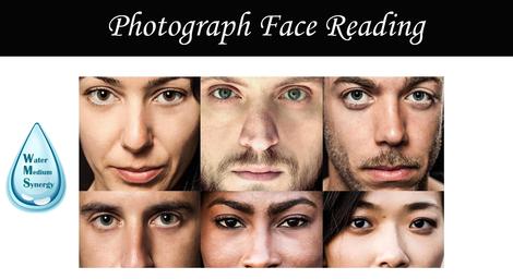 Photo collage of 6 human faces with the caption "Photograph Face Reading" and the water droplet logo of Water Medium Synergy.