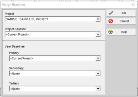 Assign Primavera P6 baseline dialog box