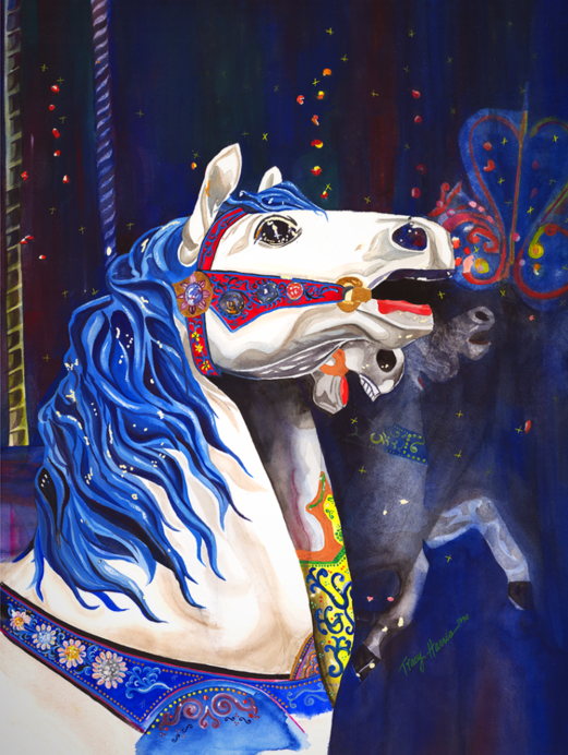 Watercolor, Tracy Harris Artist, White Carousel Horse