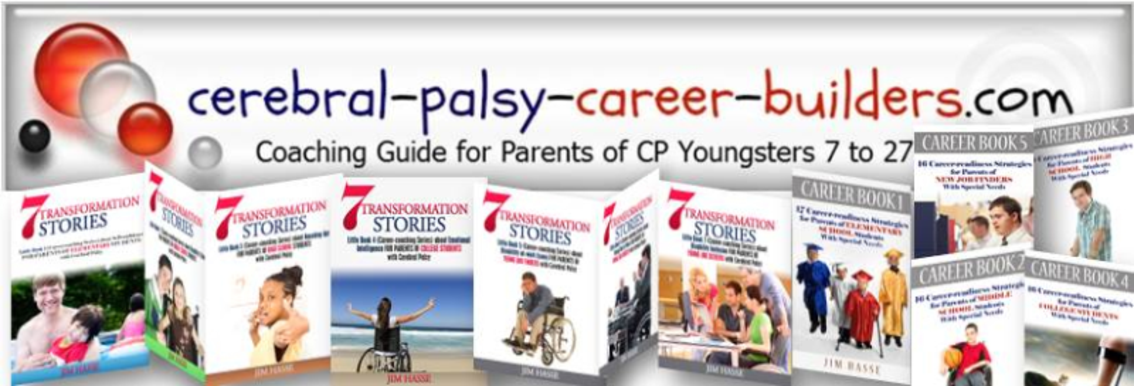 Photo montage showing cerebral-palsy-career-builders.com logo and Jim Hasse's 12 book covers.