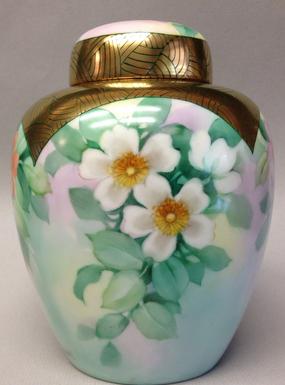 Original Design by Irene Graham Ginger Jar with 3 panels of Wild roses, Roman Gold and Pinwork