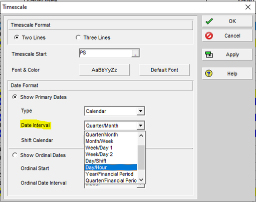 use timescale dialog box in Primavera P6 to choose date interval