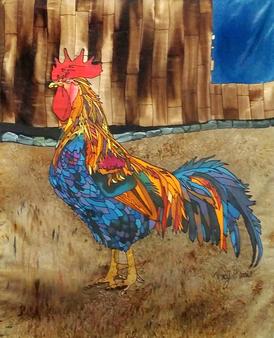 Rooster Silk Painting, Tracy Harris Artist, Salt Effect, Liited Edition Giclee