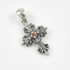 Floral Cross Sterling Silver Gothic Design Pendant w/Red Garnet