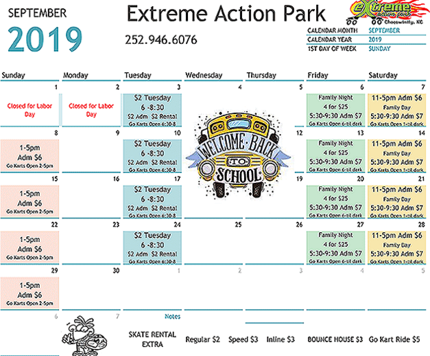 Extreme Action Park CalendarExtreme Action Park Skating Rink, Go