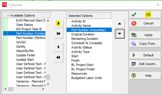 Use arrow to move option in Primavera P6 columns dialog box