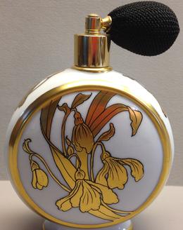 ORIGINAL DESIGN BY IRENE GRAHAM LILLY OF THE VALLEY PERFUME BOTTLE WITH ROMAN GOLD AND BLACK PENWORK DETAIL
