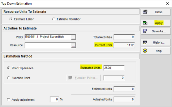 Use top down estimation box in Primavera P6