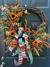 Fall Autumn Wreath Orange Sunflowers Green Sage Farmhouse