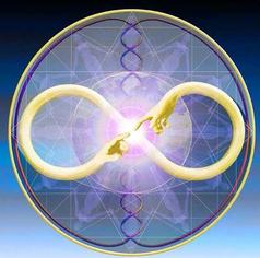 Round purple image of infinity symbol made up of two gold yellow arms in the shape of Number 8 with each hand's index finger touching in the center.