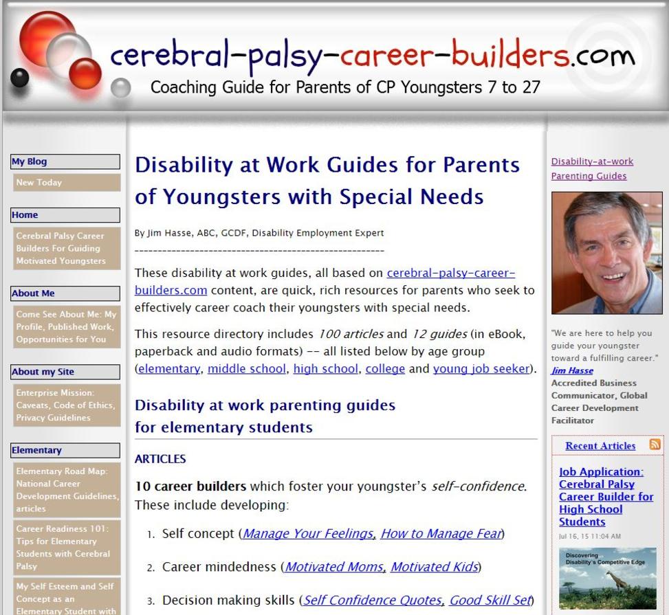 Screen shot of this page from cerebral-palsy-career-builders.com: "Disability-at-work Parenting Guides"