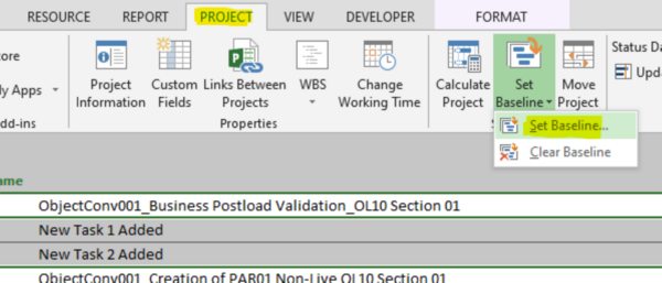 MS Project set baseline schedule