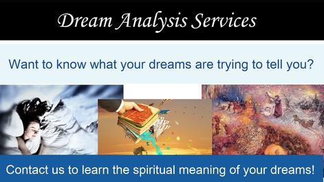 Collage of woman sleeping on a bed, a dream interpretation book and a woman having vivid dreams in her sleep. Caption: "Dream Analysis Services" Asks: "Want to know what your dreams are trying to tell you?"