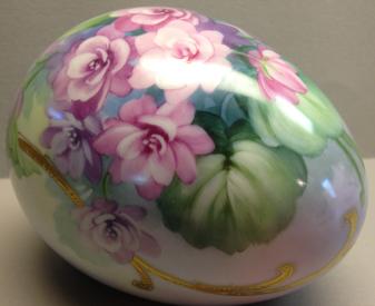 Original Design by Irene Graham Double Violets on Large Egg with gold scrolls