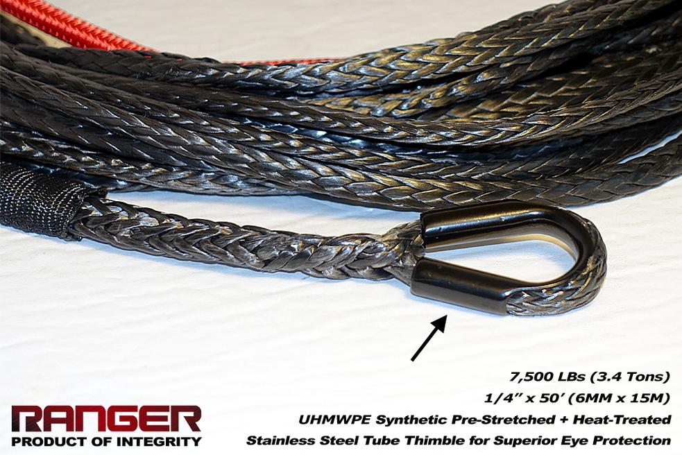 Astra Depot 50ft X 1/4 Blue UHMWPE Synthetic Winch Rope Extension 7500lbs Cable w/Steel Eyes Thimbles Both end & 2X RED Half-Linked Forged Steel Winch Hook ATV UTV Off-Roading Vehicle 