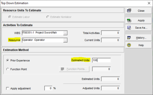 Use top down estimation in Primavera P6 for resource