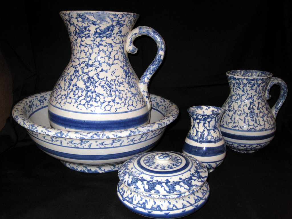 Blue and White Spongeware Hot Water Pitcher, Running Diamond