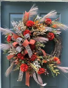 Fall Floral Grapevine Wreath Cheetah Ribbon Orange Flowers
