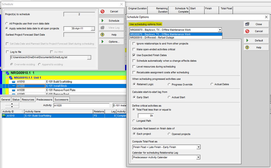 Primavera P6 version 20.12 use scheduling options
